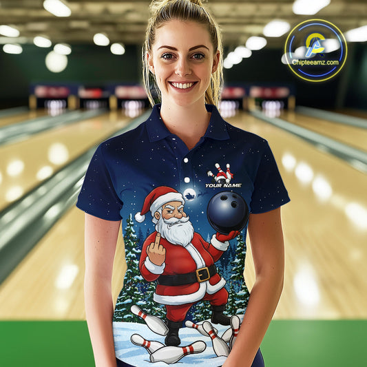 Custom Funny Christmas Bowling Women Polo Shirts, Xmas Santa Bowling Team Outfit IPHW10094
