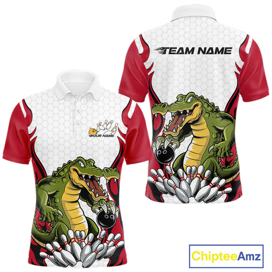 Custom Funny Alligator Bowling Men Polo Shirt, Alligator Red Bowling Team League Shirt IPHW10683