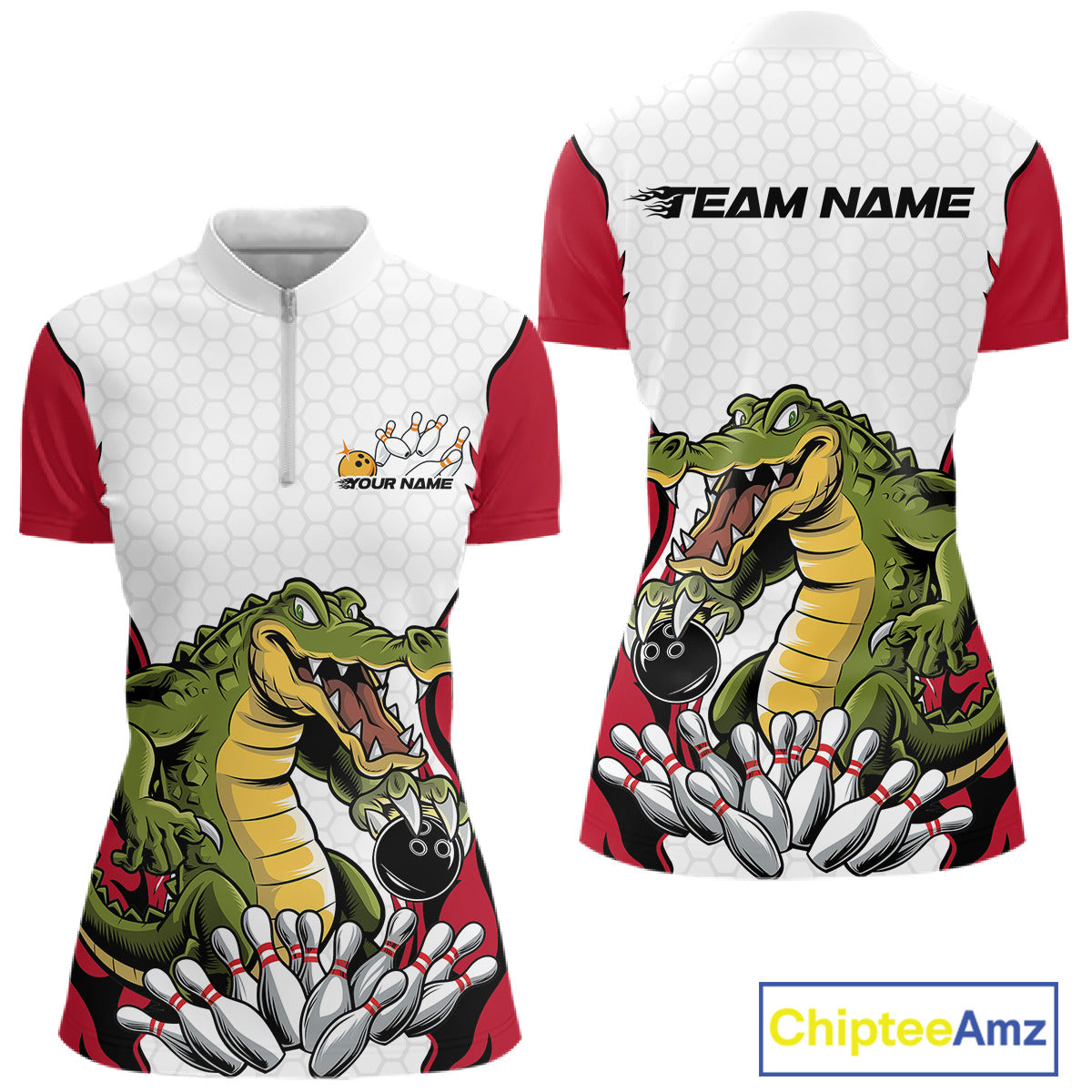 Custom Funny Alligator Women Bowling Shirts, Alligator Red Bowling Team League Shirt IPHW10683