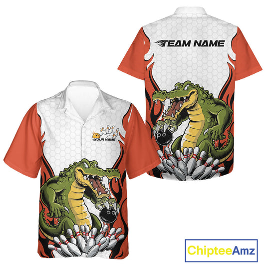 Custom Funny Alligator Bowling Men And Women Hawaiian Shirt, Alligator Orange Bowling Team League Shirt IPHW10686