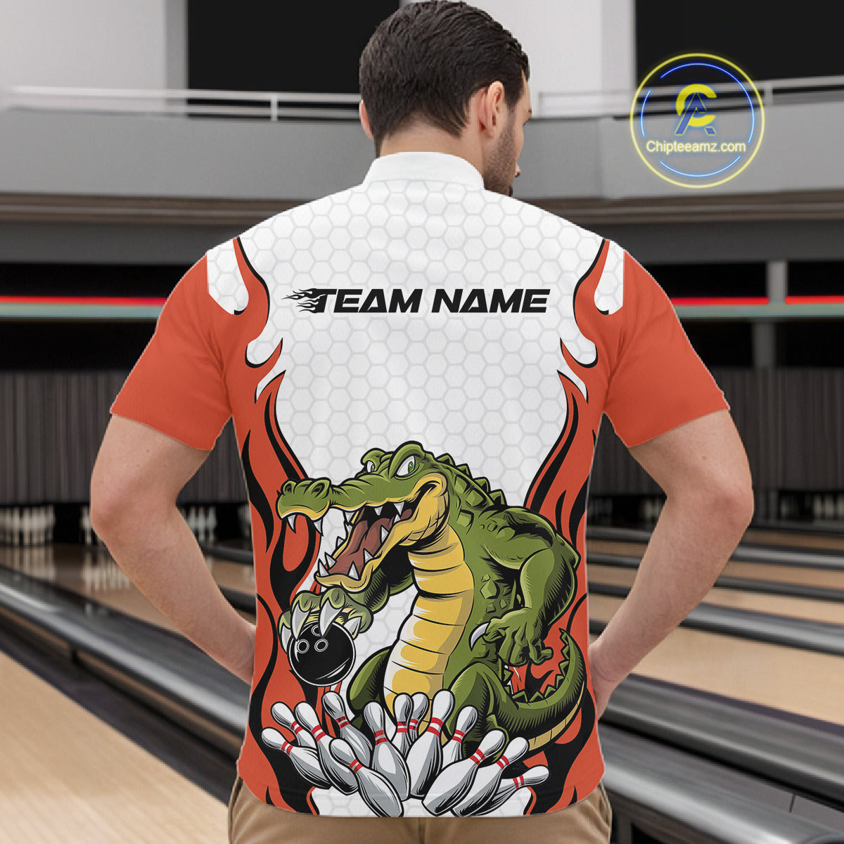 Custom Funny Alligator Bowling Men Quarter-Zip Shirt, Alligator Orange Bowling Team League Shirt IPHW10686