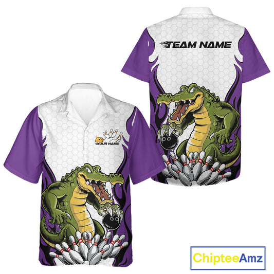 Custom Funny Alligator Bowling Men And Women Hawaiian Shirt, Alligator Purple Bowling Team League Shirt IPHW10687