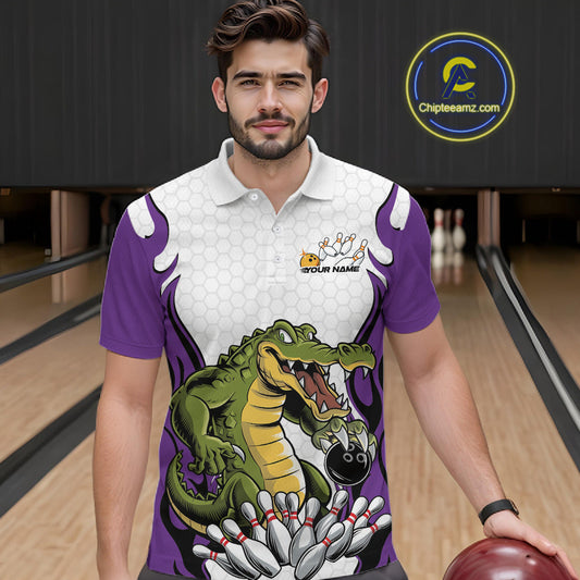 Custom Funny Alligator Bowling Men Polo Shirt, Alligator Purple Bowling Team League Shirt IPHW10687