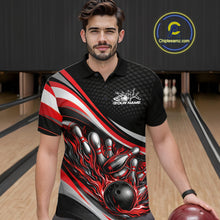 Load image into Gallery viewer, Male model in a bowling lane wearing a black and red polo shirt, fiery bowling ball hitting pins with intense sports motion graphics.
