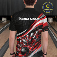 Load image into Gallery viewer, Back view of a male bowler wearing a black and red polo shirt, flame bowling strike design with dramatic pin explosion effect.