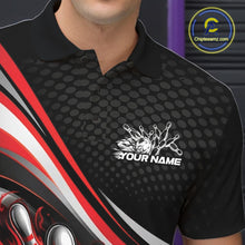 Load image into Gallery viewer, Close-up view of left chest area of a black and red polo shirt, showing small flame bowling ball and pins graphic detail.