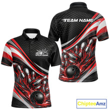 Load image into Gallery viewer, Front and back view of a men’s polo shirt mockup in black and red, featuring flame bowling ball striking pins bold action illustration.