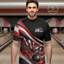 Load image into Gallery viewer, Male model at a bowling lane wearing a black and red quarter-zip shirt, fiery bowling ball striking pins with intense sports design.