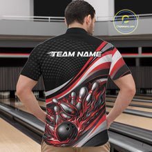 Load image into Gallery viewer, Male model in a bowling lane wearing a black and red quarter-zip shirt, flame bowling strike scene with bold dynamic motion graphics.