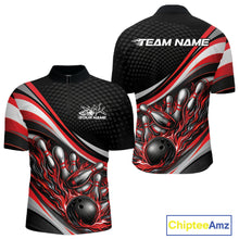 Load image into Gallery viewer, Front and back view of a men’s quarter-zip bowling shirt mockup in black and red, featuring flame bowling ball and pins action artwork.
