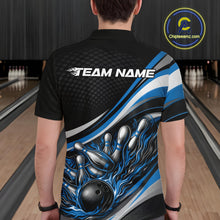 Load image into Gallery viewer, Back view of a male bowler wearing a black and blue polo shirt, flame bowling strike artwork with dynamic pin impact design.