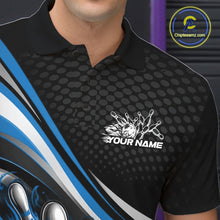 Load image into Gallery viewer, Close-up view of left chest area of a black and blue polo shirt, showing small flame bowling ball and pins graphic detail.