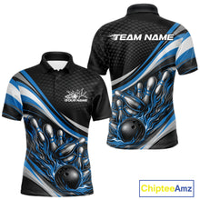 Load image into Gallery viewer, Front and back view of a men’s polo shirt mockup in black and blue, featuring flame bowling ball striking pins dynamic sports illustration.