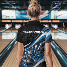 Load image into Gallery viewer, Back view female model in black and blue quarter zip bowling shirt in bowling lane, flame bowling ball and pins sports themed design
