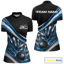 Load image into Gallery viewer, Women’s quarter zip bowling shirt mockup in black with blue accents, flame bowling ball and pins graphic on athletic apparel presentation