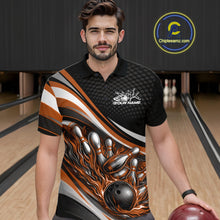 Load image into Gallery viewer, Male model in a bowling lane wearing a black and orange polo shirt, fiery bowling strike scene with explosive pin motion design.