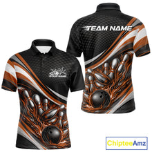 Load image into Gallery viewer, Front and back view of a men’s polo shirt mockup in black and orange, featuring flame bowling ball crashing into pins bold illustration.
