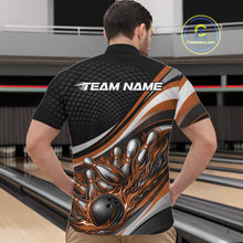Load image into Gallery viewer, Male model in a bowling lane wearing a black and orange quarter-zip shirt, flame bowling strike illustration with explosive pin action.