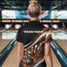 Load image into Gallery viewer, Back view female model in black and orange quarter zip bowling shirt in bowling lane, flame bowling ball and pins sporty illustration