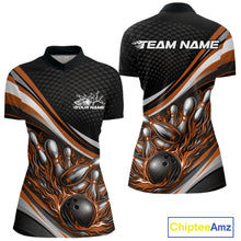 Load image into Gallery viewer, Women’s quarter zip bowling shirt mockup in black with orange accents, flame bowling ball and pins artwork on clean studio layout