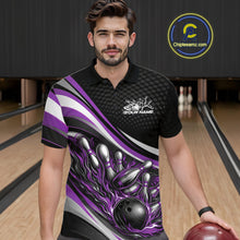Load image into Gallery viewer, Male model in a bowling lane wearing a black and purple polo shirt, fiery bowling ball hitting pins with dynamic motion graphics.