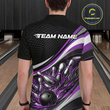 Load image into Gallery viewer, Back view of a male bowler wearing a black and purple polo shirt, flame bowling strike artwork with dramatic pin impact.