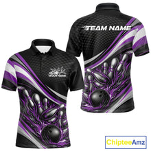 Load image into Gallery viewer, Front and back view of a men’s polo shirt mockup in black and purple, featuring flame bowling ball striking pins energetic sports illustration.