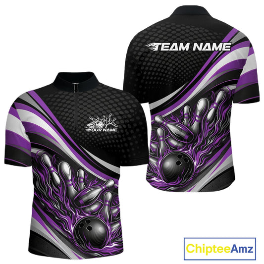 Front and back view of a men’s quarter-zip bowling shirt mockup in black and purple, featuring flame bowling ball and pins dynamic illustration.