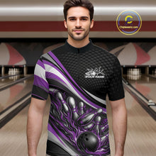 Load image into Gallery viewer, Male model at a bowling lane wearing a black and purple quarter-zip shirt, fiery bowling ball hitting pins with bold graphic impact.
