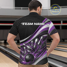 Load image into Gallery viewer, Male model in a bowling lane wearing a black and purple quarter-zip shirt, flame bowling action artwork with pins scattering effect.