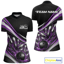 Load image into Gallery viewer, Women’s quarter zip bowling shirt mockup in black with purple accents, flame bowling ball and pins artwork on sporty apparel display