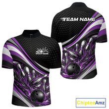 Load image into Gallery viewer, Front and back view of a men’s quarter-zip bowling shirt mockup in black and purple, featuring flame bowling ball and pins dynamic illustration.