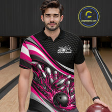 Load image into Gallery viewer, Male model in a bowling lane wearing a black and pink polo shirt, flaming bowling ball hitting pins with dynamic motion artwork.