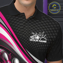 Load image into Gallery viewer, Close-up view of left chest area of a black and pink polo shirt, showing small flame bowling ball and pins graphic detail.