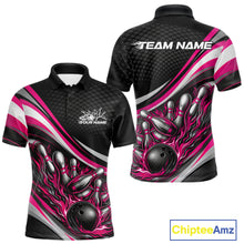 Load image into Gallery viewer, Front and back view of a men’s polo shirt mockup in black and pink, featuring flame bowling ball striking pins sporty illustration.