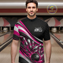 Load image into Gallery viewer, Male model at a bowling lane wearing a black and pink quarter-zip shirt, flame bowling ball striking pins with energetic motion graphics.