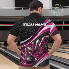 Load image into Gallery viewer, Male model in a bowling lane wearing a black and pink quarter-zip shirt, bowling strike scene with flaming ball and pins artwork.