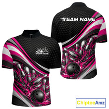 Load image into Gallery viewer, Front and back view of a men’s quarter-zip bowling shirt mockup in black and pink, featuring flame bowling ball and pins with vibrant sporty design.