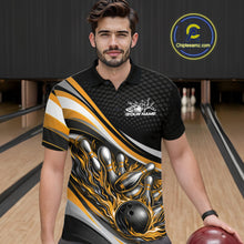 Load image into Gallery viewer, Male model in a bowling lane wearing a black and yellow polo shirt, fiery bowling ball hitting pins with energetic flame-style graphics.