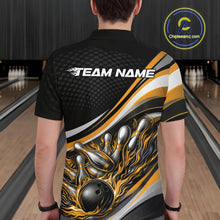 Load image into Gallery viewer, Back view of a male bowler wearing a black and yellow polo shirt, flame bowling strike illustration with bold pin impact design.