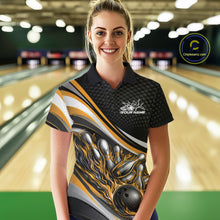Load image into Gallery viewer, Female model in a bowling lane wearing a black and yellow polo shirt, fiery bowling ball hitting pins with energetic flame graphics.