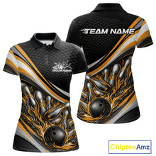 Load image into Gallery viewer, Front and back view of a women’s polo shirt mockup in black and yellow, featuring flame bowling ball striking pins dynamic sports artwork.