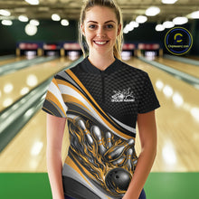 Load image into Gallery viewer, Front view female model wearing black and yellow quarter zip bowling shirt in bowling lane, flame bowling ball and pins artwork with dynamic lighting