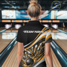 Load image into Gallery viewer, Back view female model in black and yellow quarter zip bowling shirt in bowling lane, flame bowling ball and pins sports graphic