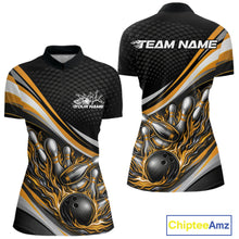 Load image into Gallery viewer, Women’s quarter zip bowling shirt mockup in black with yellow accents, flame bowling ball and pins graphic, sporty apparel presentation