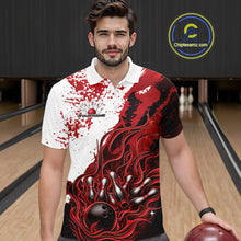 Load image into Gallery viewer, In bowling lane front view male model wearing bowling polo shirt, black base with red and white flame bowling ball and pins artwork, dynamic sports lighting