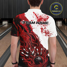Load image into Gallery viewer, Bowling lane back view male model wearing bowling polo shirt, black base with red and white flame bowling ball and pins artwork, promotional sports atmosphere