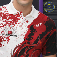 Load image into Gallery viewer, Close up left chest of bowling polo shirt, black fabric with red and white flame bowling ball and pins emblem, detailed apparel branding perspective