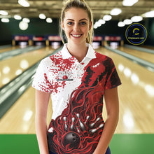 Load image into Gallery viewer, In bowling lane front view female model wearing bowling polo shirt, black red and white scheme, flame bowling ball and pins artwork, dynamic sports lighting