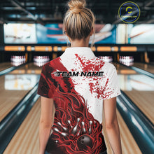 Load image into Gallery viewer, Bowling lane back view female model wearing bowling polo shirt, black red and white palette, flame bowling ball and pins artwork, athletic promotional atmosphere